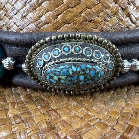 Shady Brady Straw Hat Medium Western USA Brown Band Turquoise/Stone Details - Picture 4 of 15
